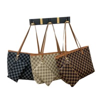 Fashion tas tote kulit PU wanita pola kotak-kotak, tas tangan kapasitas besar, tahan air, set 2 buah