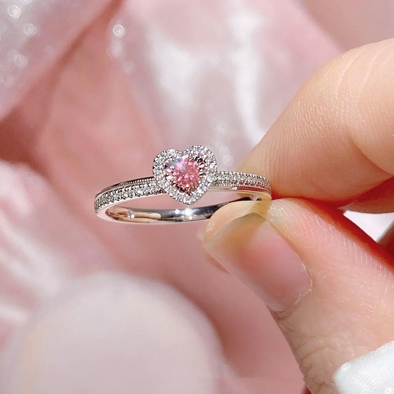Großhandel Modeschmuck Persönlichkeit Liebe rosa Diamantring plattiert s925 Silber Paar Geschenk Zirkon Ring für Frauen
