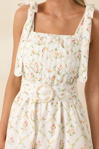 Women's <b>Summer</b> Floral Print <b>Sleeveless</b> A-Line Mini <b>Dress</b> With Belt Square Neck Sweet Style Casual Wear - Product Image 3