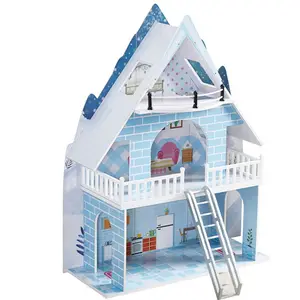 wooden dollhouse with 18 pieces accessary blue and white wooden funny With the ladder support Custom furniture