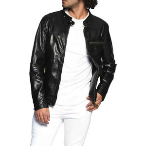 Men's Genuine Leather Breathable Moto Jacket Slim Fit Covered Button Closure Black Autumn Wear Stand Front Faux <b>Fur</b> Lining - Product Image 1