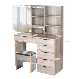 <b>Vanity</b> Desk with Sliding <b>Mirror</b> & Lights Charging Station Drawers, Farmhouse Modern <b>Makeup</b> Set Stool for Bedroom - Product Image 6