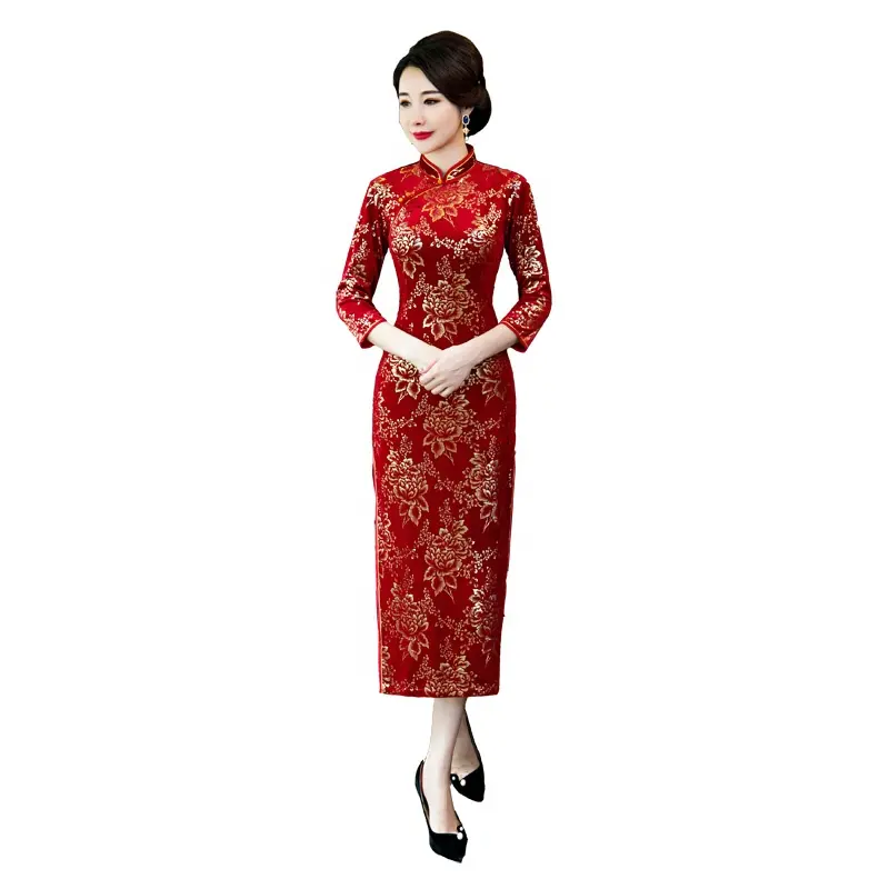 Cina Grosir Pengantin Merah Merah Cheongsam Elegan Slim Qipao Beludru Kain Gaun untuk Pesta Pernikahan