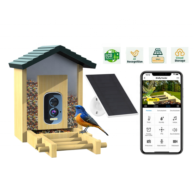 Top Sales 5MP HD Camera Bamboo Waterproof APP Mobile Control AI Smart Bird Monitors Feeders With Squirrel Repellent