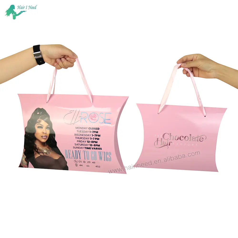 custom hair product shopping pillow shape bags logo printed pillow box gift wig packaging pillow boxes with ribbon handle