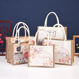 Customize Burlap Shopping Tote Bag LOGO Printing Linen Jute Handbags With Handles