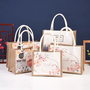 Customize Burlap Shopping Tote Bag LOGO Printing Linen Jute Handbags with Handles