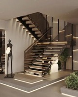 Marche d'escalier intérieure en marbre blanc avec éclairage LED, style contemporain, pour cuisine, escalier, marche en pierre, garde-corps en verre, carrelage, escaliers sur mesure, base en acier