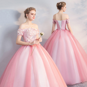 Pink Off The Shoulder Ball Gown Chiffon Long Dress Floral Print For Women Evening Party Performance Art Exam - Product Image 1