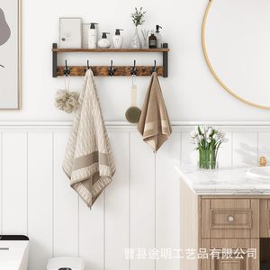 <b>Wall</b> <b>Mounted</b> Ironwood <b>Shelf</b> With Hooks Burnt Color Rectangle Multipurpose Durable Storage Rack For Bathroom Entryway - Product Image 1