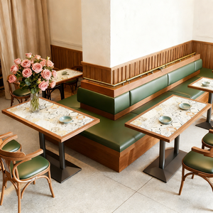 Ensemble de mobilier de café en vert olive, banquette en bois, table avec plateau en terrazzo pour salle à manger en bord de rivière et restaurant en vue sur le lac - Product Image 2