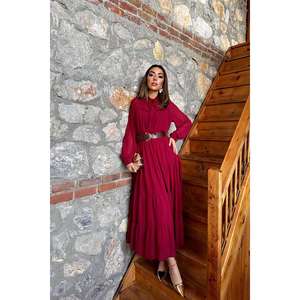 Vestido de Gasa Borgoña con Cuello Atado, Silueta Holgada, Cintura Natural, Translúcido, para Fiesta o Casual - Product Image 3