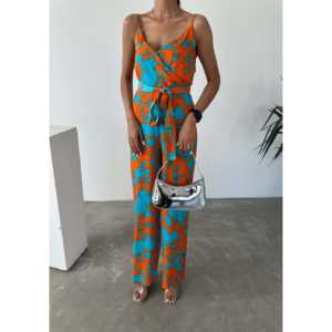 Mono de mujer Luna con estampado floral naranja y azul, cuello en V, tirantes, cintura alta, sin mangas, de satén, informal, para playa, transpirable - Product Image 2