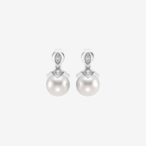 Pendientes de Aro con Perlas Cultivadas de Agua Dulce de 7.5 - 8.0 mm y Diamantes Cultivados en Laboratorio de 1.8 ct, Diseño de Flor, Joyería Elegante y Moderna - Product Image 1