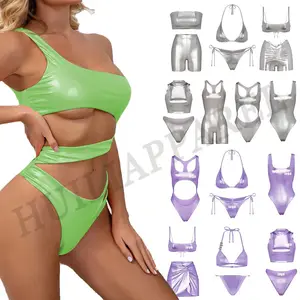 OEM Factory High Quality Shiny Metallic Bikini Set Beach Wear Solid 1 2 Halter Triangle Swimsuit Sexy Gold Custom Swimwear