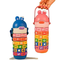 Botol Minum Anak Lucu Baru dari Baja Anti Karat dengan Tali dan Sedotan Konsep Mainan Matematika Vakum
