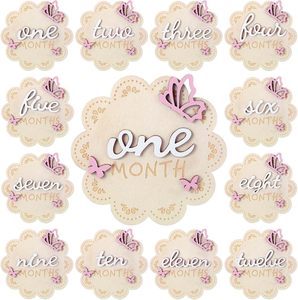 12 cartes de jalons mensuels en bois 3D Papillon pour bébé fille, disques marqueurs de jalons, accessoires de photographie nouveau-né, signes commémoratifs - Product Image 1