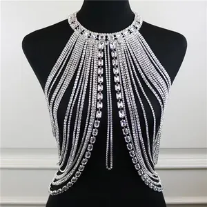 Women's Sexy Crystal Body Chain Bikini Set With Rhinestone Bra Panties Handmade Bing Tassel Chain Body Jewelry For Weddings