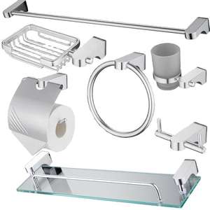 Ensemble de quincaillerie de salle de bain en acier inoxydable de luxe, 7 pièces, barre porte-serviettes, prévention de la corrosion, montage mural, style moderne minimaliste, hôtel, salle de bain - Product Image 1