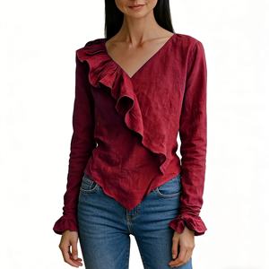Women's Ruffled V-Neck Linen Blouse - Long Sleeve Asymmetrical Hem <b>Top</b> Shirt Fashion - Product Image 5