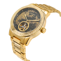 Montre mécanique de luxe en gros avec bracelet en acier doré, cadran gravé motif montagne et rivière chinois vintage, squelette tourbillon pour homme