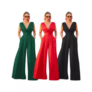 Mono de mujer con cuello en V, cintura media, pierna ancha, transpirable, elegante, sin mangas, de una pieza, para fiesta - Product Image 1