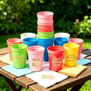 Gobelet de stade en plastique personnalisé de 450 ml (16 oz) pour anniversaire, mariage, fête, festival, Noël, Halloween, noir avec serviette - Product Image 1