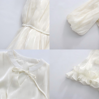 Robe midi en satin scintillant lavande avec nœud au col, manches bouffantes mi-longues, ceinture en strass amovible, volants superposés, élégante et discrète pour femme