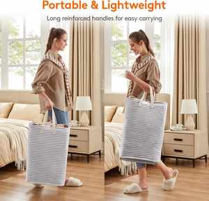 Cotton Round Wheeled Laundry <b>Basket</b> 80L Collapsible Clothes <b>Hamper</b> Reinforced Handles Freestanding Waterproof - Product Image 5
