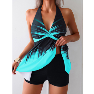 Maillot de bain tankini 2 pièces imprimé pour femme avec haut fluide à col halter effet ventre plat et shorty respirant à séchage rapide - Product Image 3