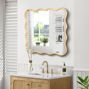 Solid Wood Wavy <b>Square</b> <b>Mirror</b> Natural Wood 36 X 36 Modern Wall Decor For Bathroom Bedroom Living Room Dining Room - Product Image 2