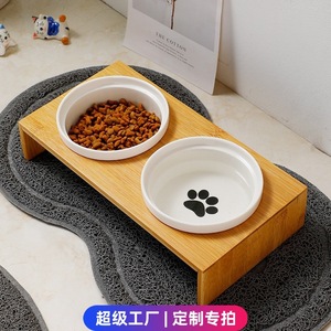Ceramic <b>Cat</b> Bowls With Bamboo Stand Elevated Double Feeding Set For <b>Cats</b> And Dogs Pet Food Water Dish <b>Feeder</b> - Product Image 5