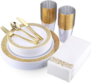 175 Piece Gold Dinnerware Set 25 Guest Gold Lace Plastic Plates Gold Plastic Silverware