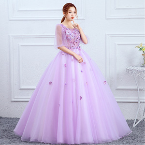 Purple Tulle Ball Gown Scoop Neck Empire Waist Long Skirt Floral Print Sheer Layer Evening Dress - Product Image 3