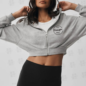 Custom Baggy Ladies French Terry Cropped Zipper <strong>Hoodie</strong> Puff Print Plain <strong>White</strong> Drawstring <strong>Womens</strong> Crop Zip Up Hoodies for <strong>Women</strong> - Product Image 3