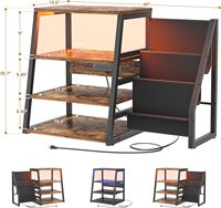 Console audio rustique marron à quatre niveaux avec éclairage LED et prises de courant intégrées, rangement ouvert, idéale pour tourne-disque et support CD