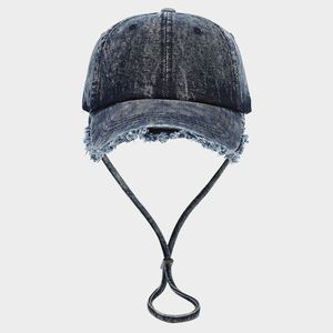 Fashion Women Trendy Raw Fringe Bill Spring Summer Faded Denim Baseball Caps Outdoor Street Sun <b>Hat</b> with Wind Rope - Product Image 3