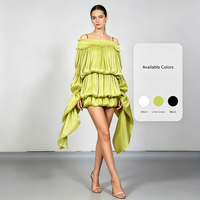 Robe de soirée élégante vert avocat plissée à épaules dénudées pour femme, avec manches cape fluides et volants étagés, idéale pour mariage, vente en gros
