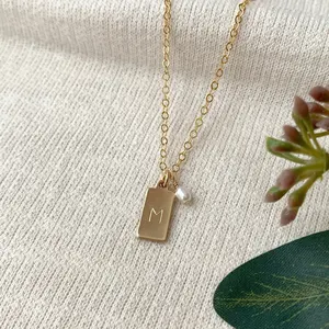Custom Design jewelry stainless steel square pendant necklace engraved alphabet logo women's pearl pendant DIY wholesale