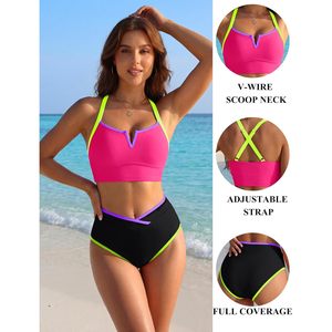 Conjunto de bikini de cintura alta neón para mujer, cuello en V, control de abdomen, ribete en contraste, traje de baño deportivo de 2 piezas - Product Image 5