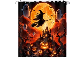 Orange Hexenflug-Szene Polyester Duschvorhang Badezimmervorhang Digitaldruck Wasserdicht Kundenspezifischer Druck Großhandel Modern - Product Image 4