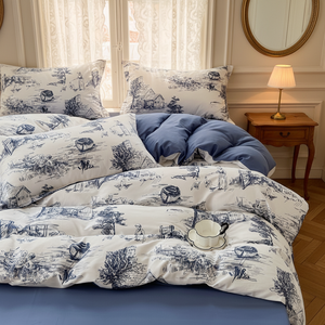 Ensemble de housse de couette en toile française classique 100% coton, motif floral, 3 pièces, réversible, literie écologique, fermeture éclair cachée, attaches d'angle - Product Image 3
