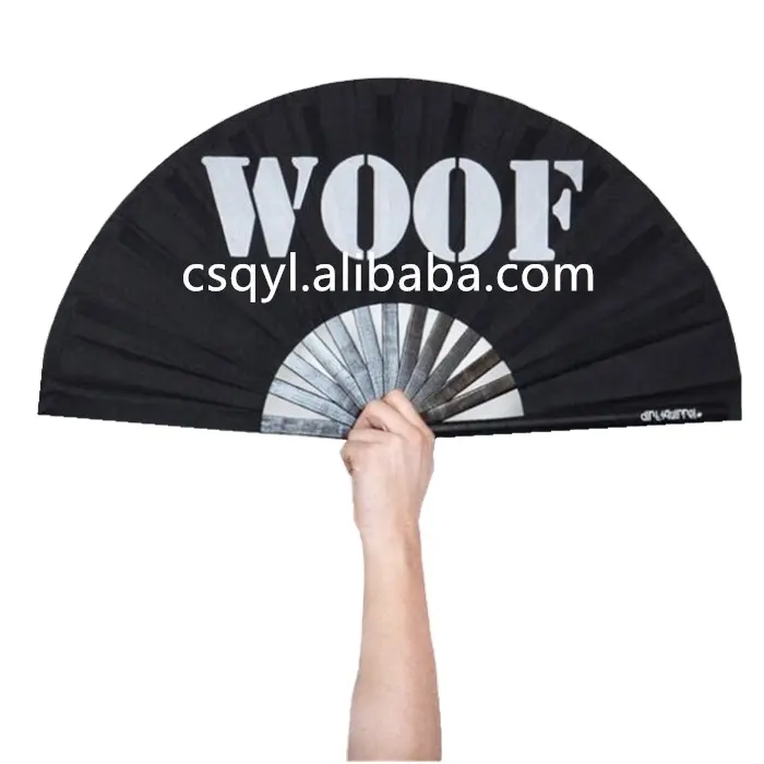 Siyah bambu kaburga el düzenlenen katlanır kumaş fanlar 33cm büyük el fan ile özel Logo baskılı