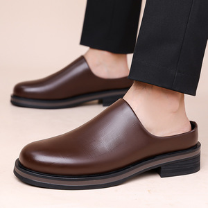 Zuecos de Cuero Genuino para Hombre, Punta Redonda, Suela de PU, Entresuela de EVA, Cómodos, a la Moda, para Todas las Temporadas, Color Sólido, Zapatos Sin Cordones - Product Image 4