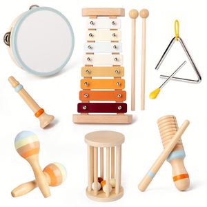 Ensemble de percussion en bois pour enfants, jouets musicaux Orff pour l'éveil musical précoce des bébés, xylophone, claquettes, tambour à main - Product Image 1