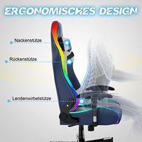 Chaise de jeu Racer, chaise VR, bande lumineuse LED RGB bleue, coussin lombaire massant, chaise d'ordinateur inclinable en cuir PU, appui-tête pivotant