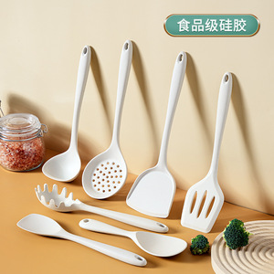 Silicone Kitchenware Set 8 Pc White Food Grade <b>Cooking</b> Spatula Ladle Strainer Spoon Utensils For Household Use - Product Image 1