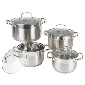 Wholesale LFGB 8-Pcs Food Grade Cookware Set Stainless Steel Kitchenware with Iron Glass Metal Casserole Pot and Glass Lid
