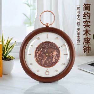Solid Wood <b>Table</b> <b>Clock</b> Circular Leather Dial Elephant Design Desktop Decorative <b>Clock</b> For Living Room Bedroom - Product Image 1
