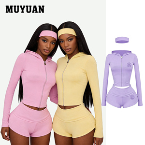 Conjunto de Sudadera Corta con Cremallera y Pantalones Cortos Transpirables de Color Liso para <span class=keywords><strong>Mujer</strong></span>, Venta al por Mayor, 2 Piezas, Ropa de Verano para Descansar con Diadema - Product Image 1